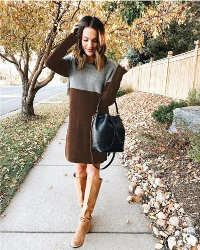 Brown women's long sleeve patchwork dress with round neck and loose princess skirt.