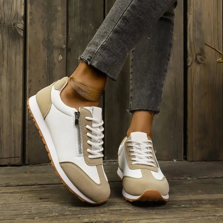 Women's flat-heeled shoes in grey, white, and champagne with rubber sole and PU upper.