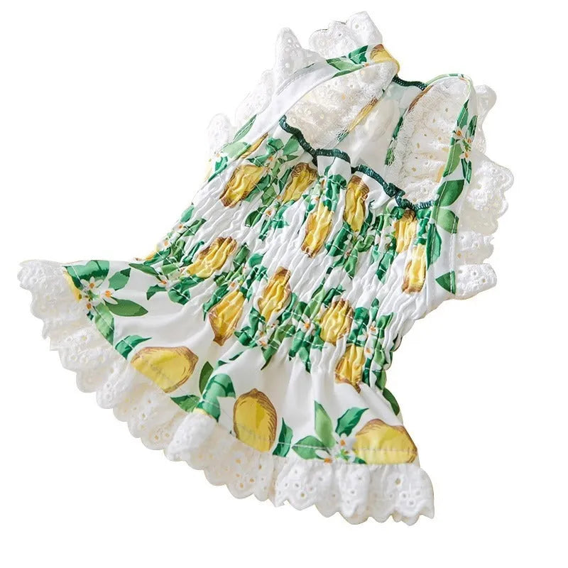 Rock Yellow Lemon thin breathable strap dog skirt for small to medium dogs on mannequin