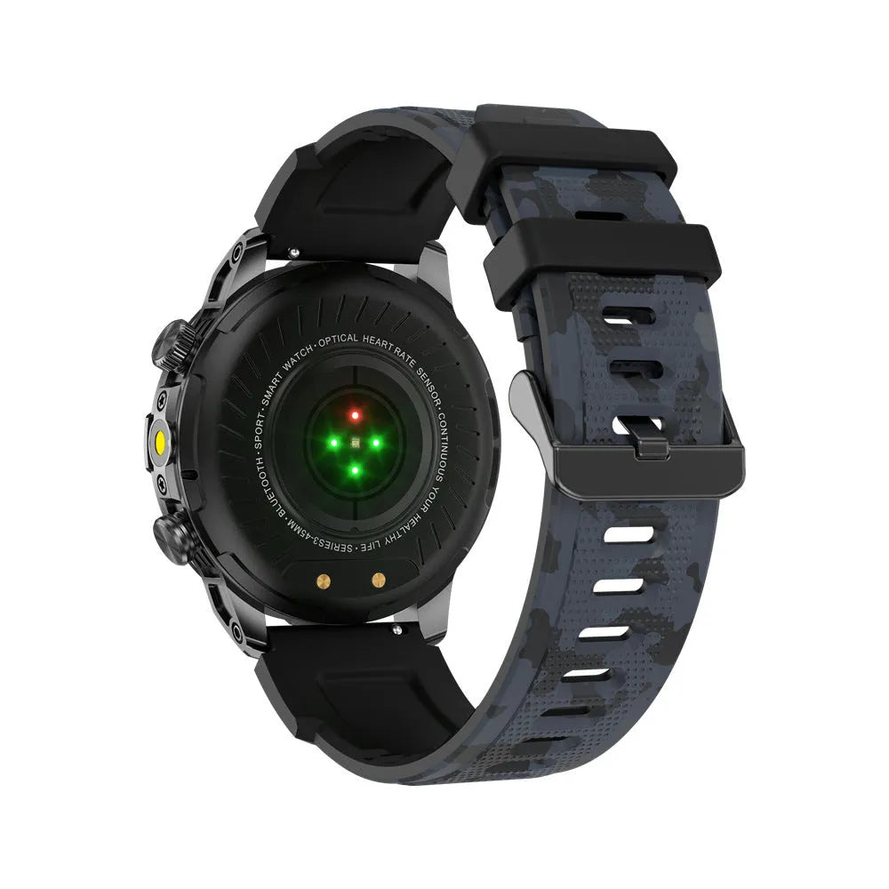 Sports smart watch with AMOLED screen on silicone strap showing fitness metrics