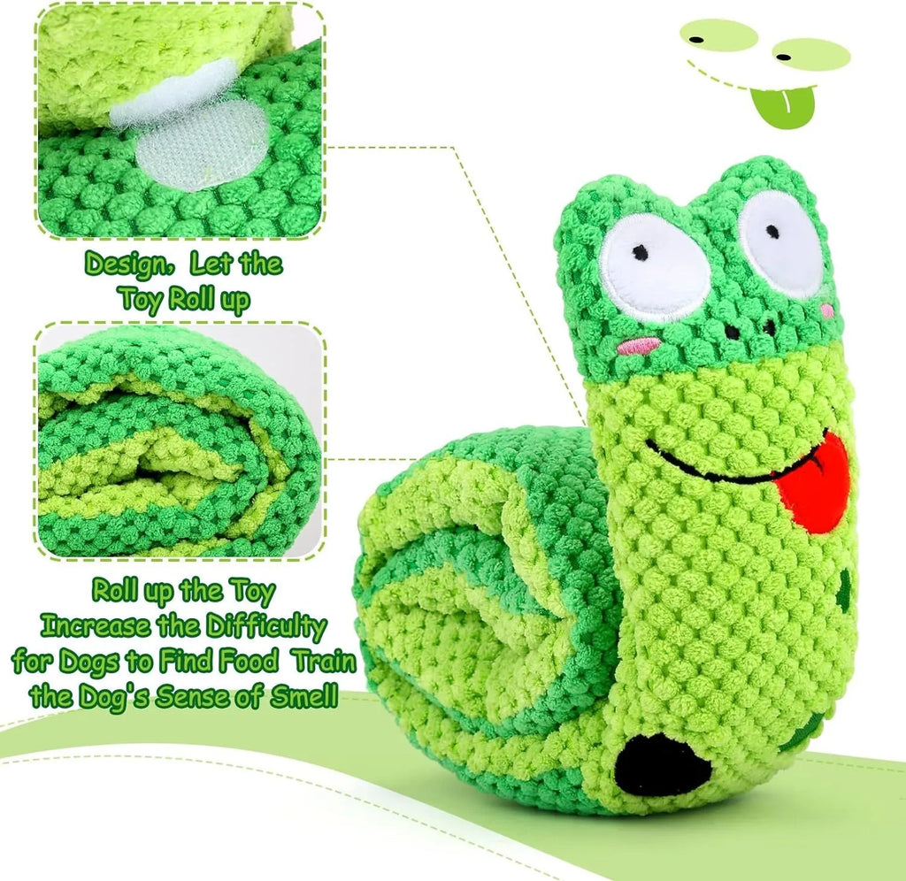 Thick velvet dog puzzle toy that transforms between snail and stick shapes with hidden food holes