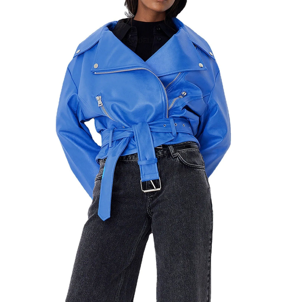 Punk style jacket with Peter Pan collar and drawstring waist in leather-look polyester fabric