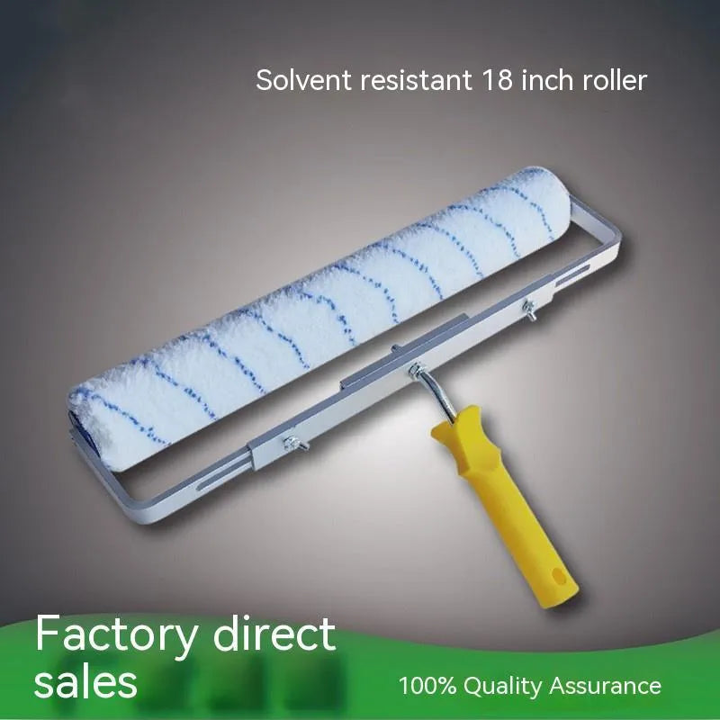 18-inch wide paint roller with three removable brush heads and a black paint tray.