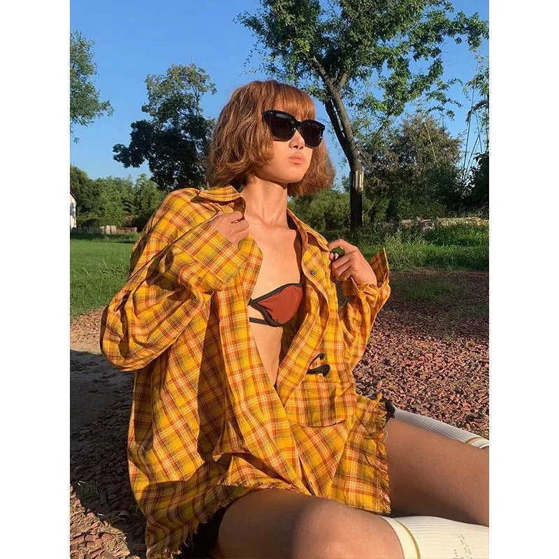 Dopamine yellow plaid loose fit shirt with cardigan styling in chemical fibre blend fabric