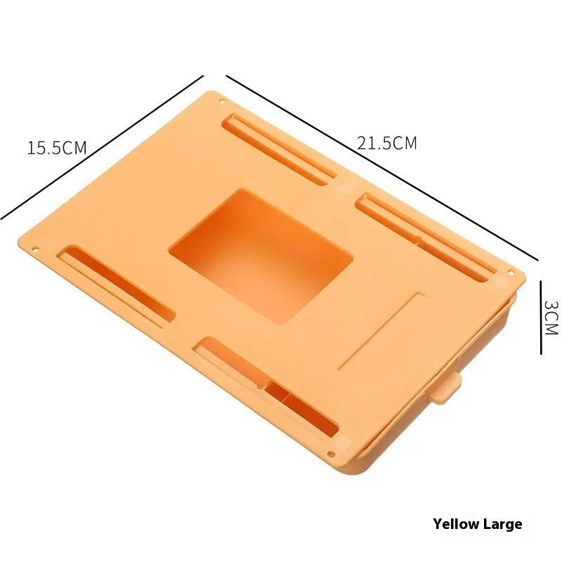 Adhesive under-table plastic storage box with covered lid and internal grid organisation