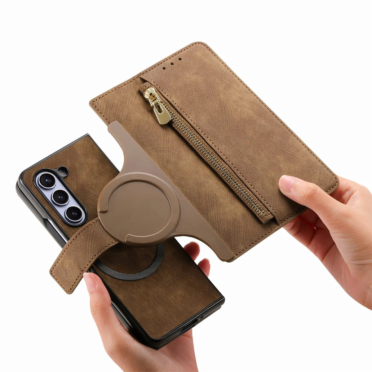 Magnetic detachable zipper insert phone case for Samsung Z Fold in imitation leather with card slot and bracket