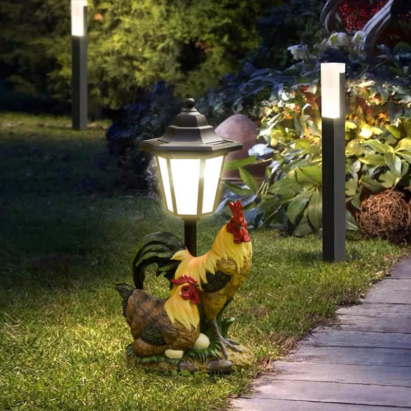 Solar hexagonal garden lamp resin craft in outdoor garden setting with decorative sculpture design