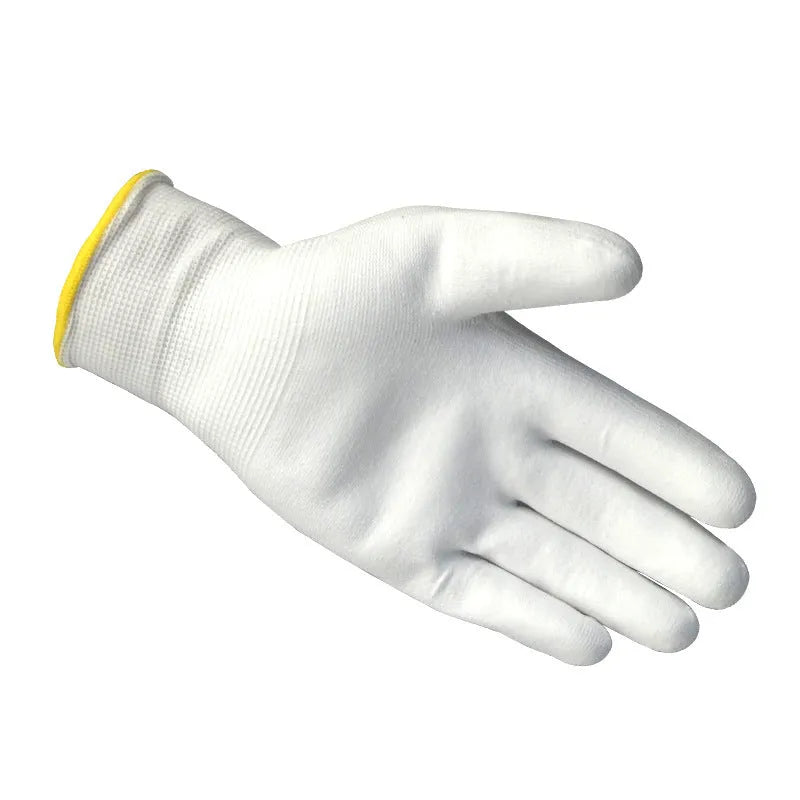 White PU coated work gloves with cotton lining showing palm texture and wrist area