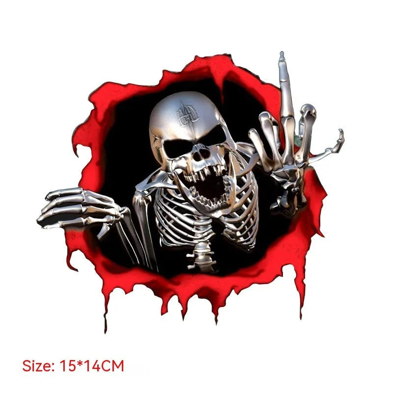 Reflective metal skull car sticker with colourful broken shell pattern measuring 15x14cm