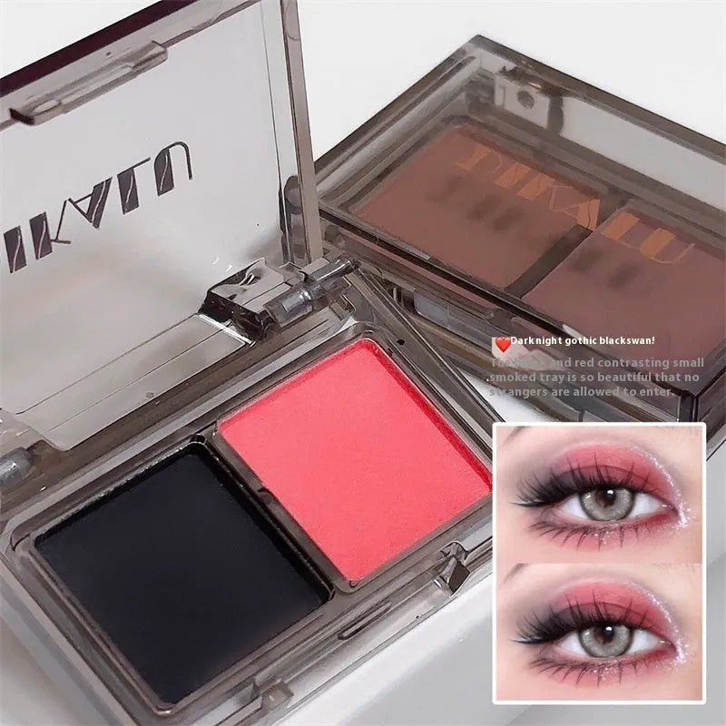 Cool two-tone eye shadow plate showing matte and shimmer finish in pink and black colour combination