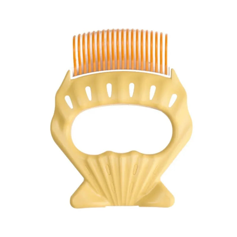 Shell-shaped pet grooming brush with bent wire bristles in green, orange or purple colours