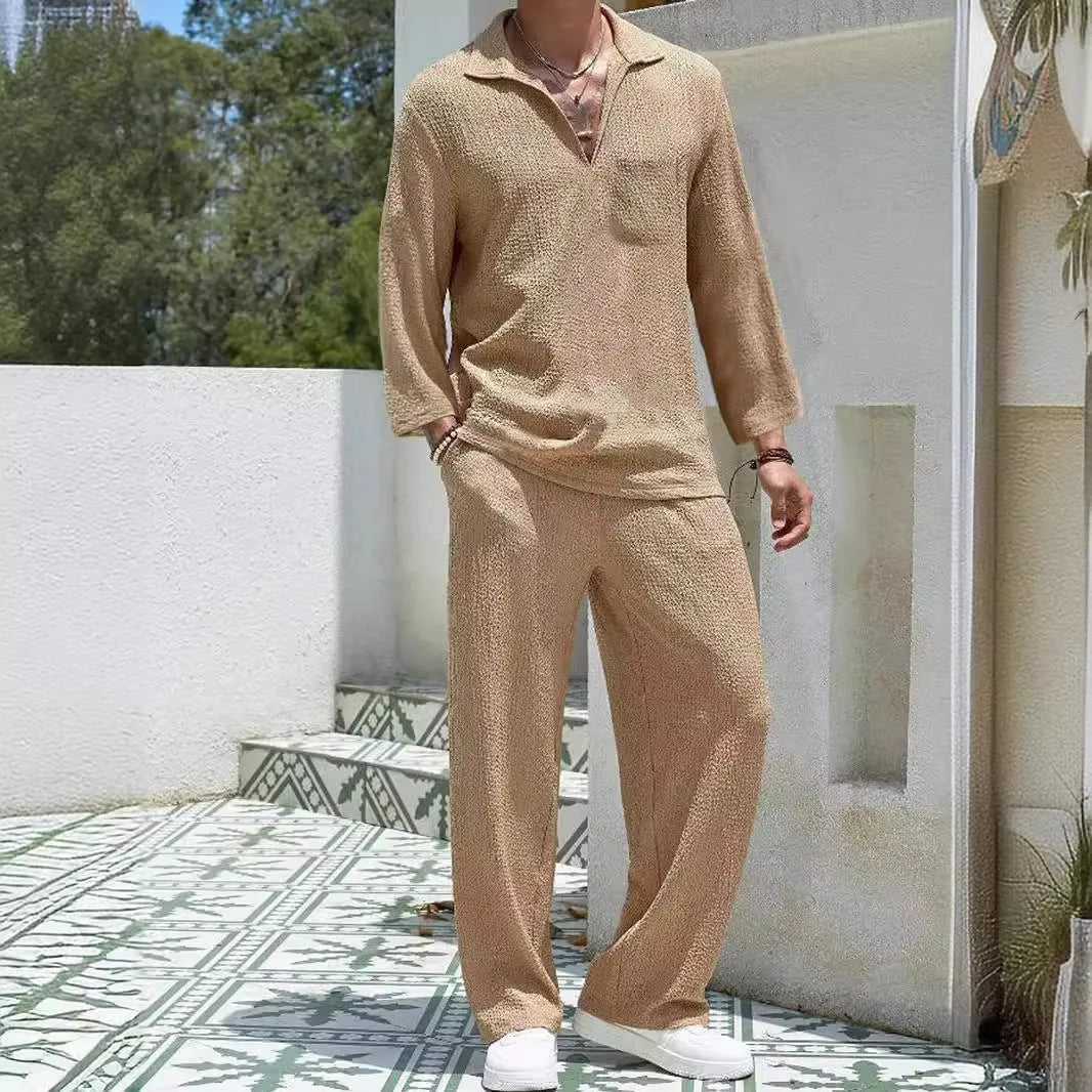Men's casual shirt and trousers suit in lake blue, khaki, black, or caramel colour.