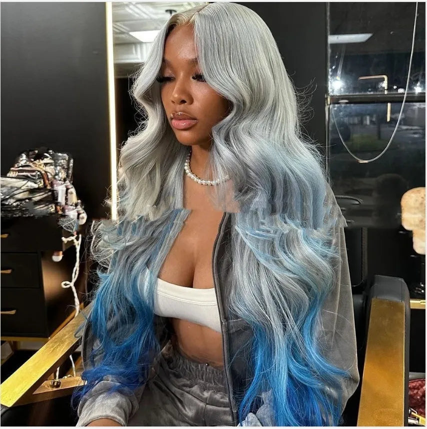 Gradient grey blue human hair wig with transparent Swiss lace front