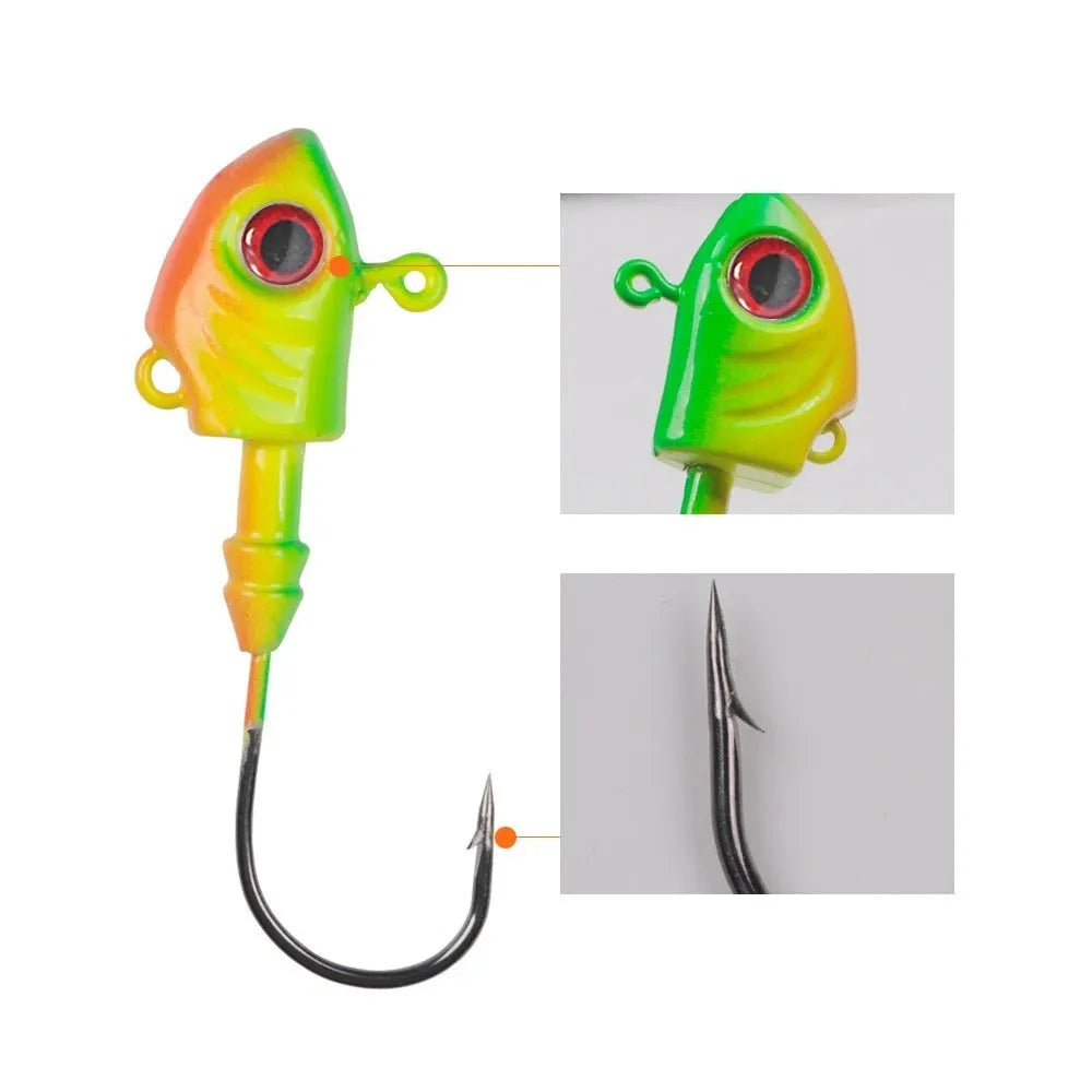Simulation Yayu shaped lead head fishing jig hooks in blue, silver, and yellow colours showing fish-shaped design.