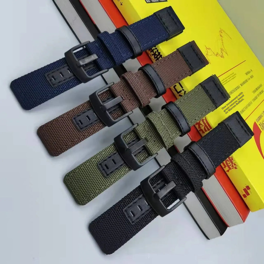Fashion Personality Canvas watch strap in Oxford cloth, showing colour options including Black, Army Green, and Camouflage.