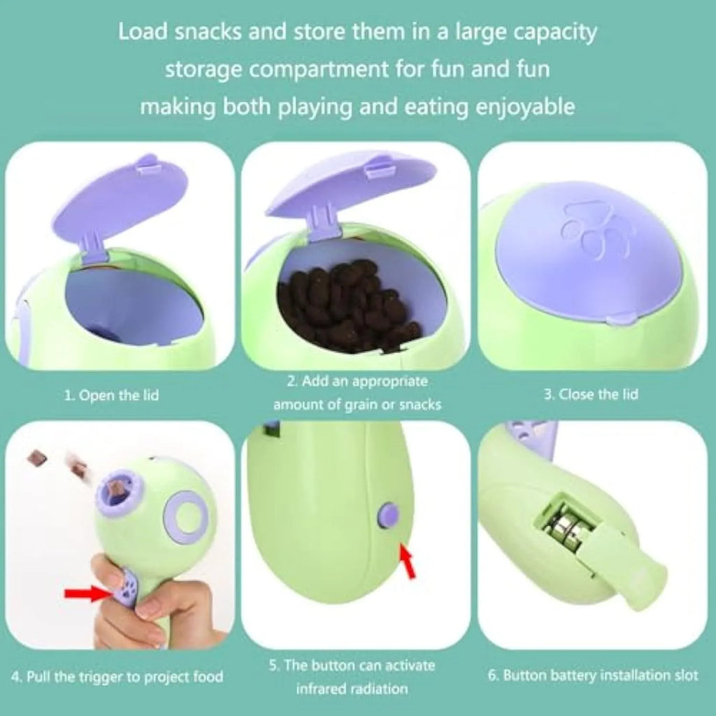 Green orange pink dog treat launcher toy for interactive feeding and training play