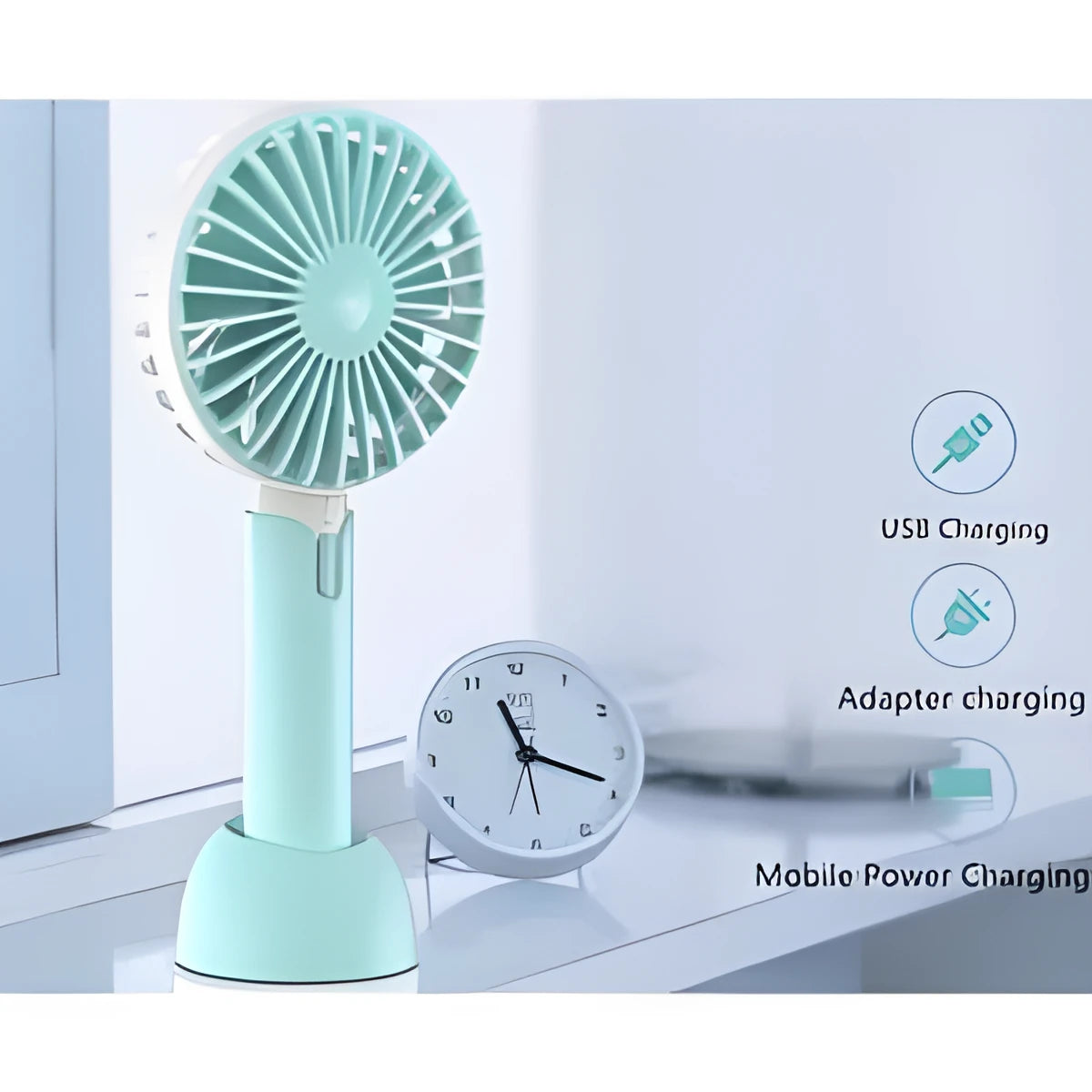 Blue portable USB handheld fan with three-speed control on desktop