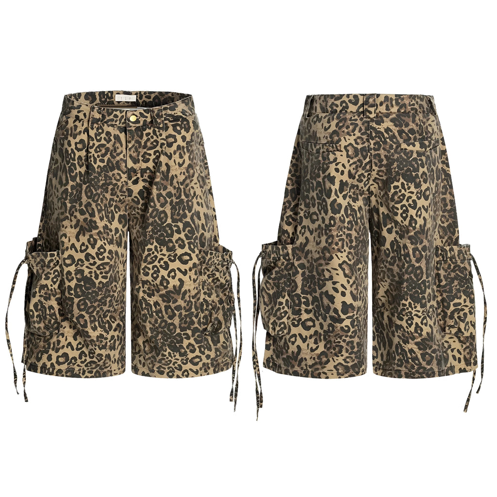 Leopard print women's trousers with high waist, button fly, and cropped straight-leg design