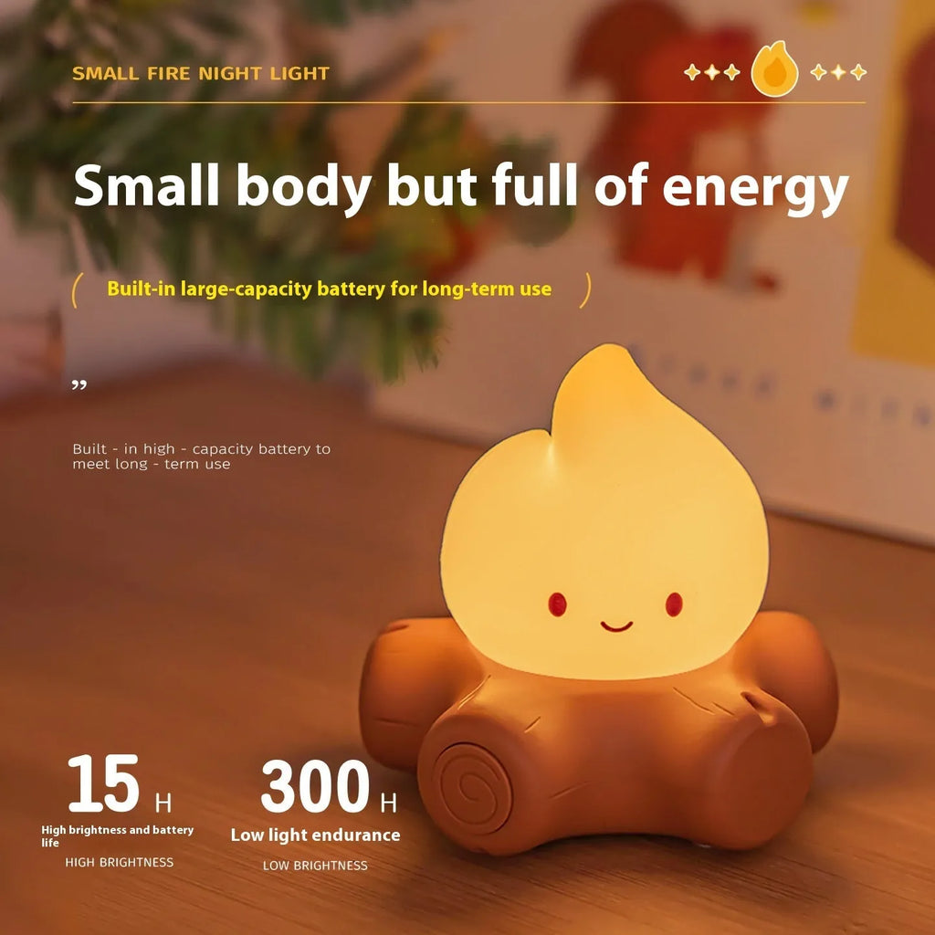 Silicone small fire pile cartoon night light with ABS shade showing warm yellow illumination