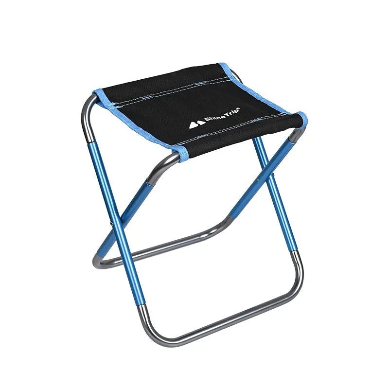 Black aluminium alloy folding stool shown in a folded position for portable storage.