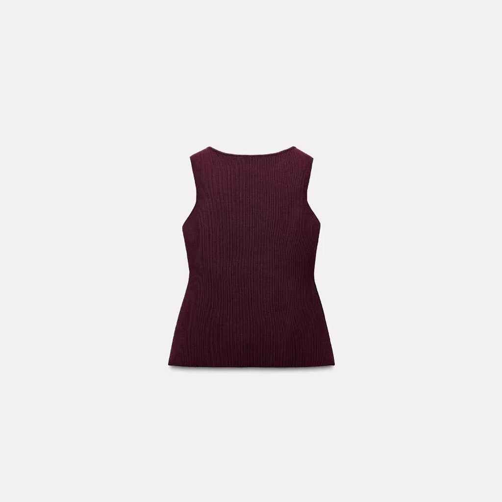 Dark red slim fit viscose cardigan vest with 3D pattern, shown on a hanger.