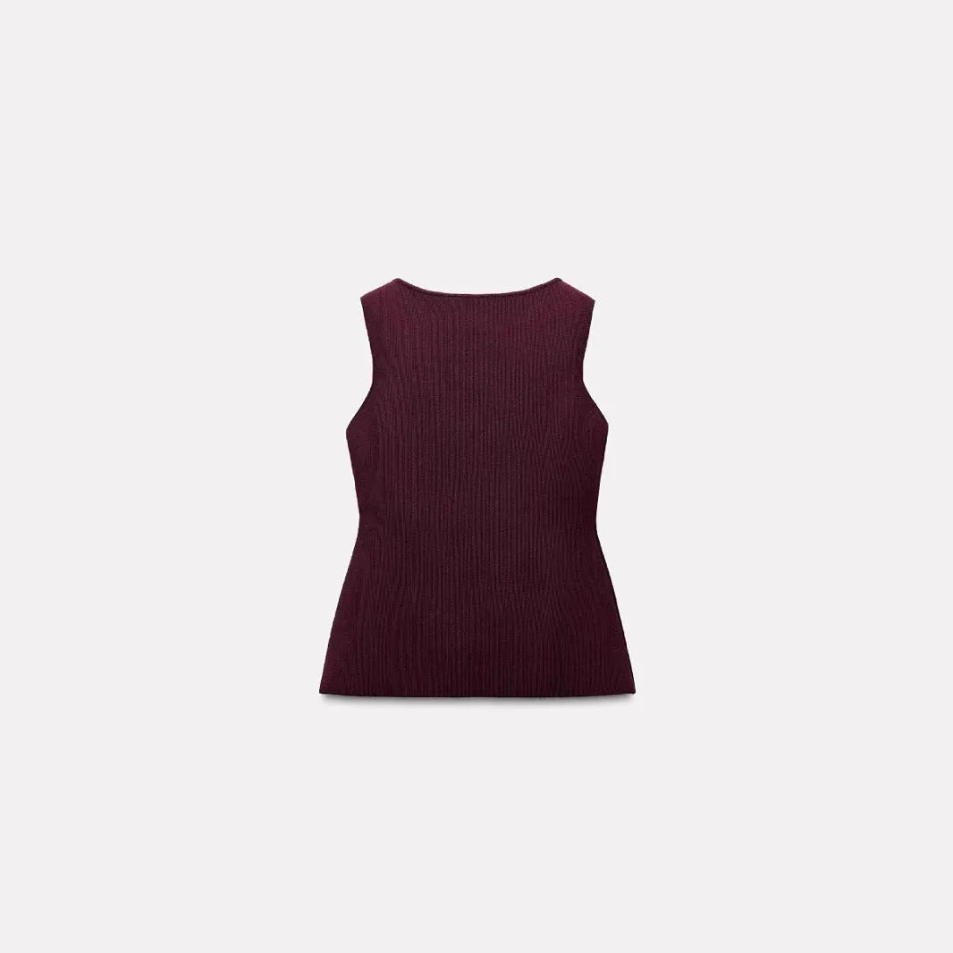 Dark red slim fit viscose cardigan vest with 3D pattern, shown on a hanger.