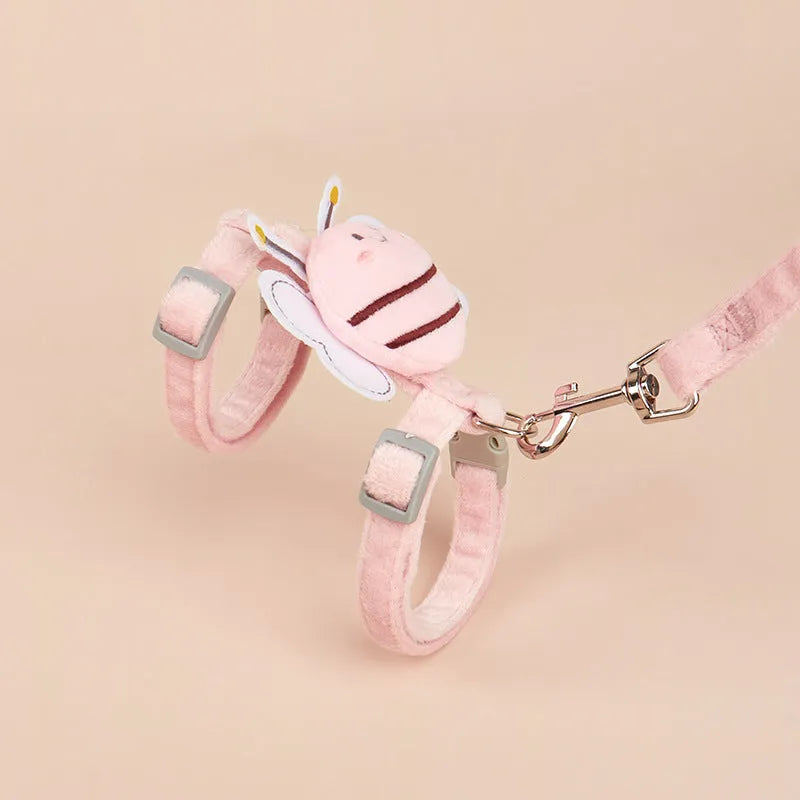 Adjustable cat harness and lead set in pink, yellow, and blue colours with strap and rope