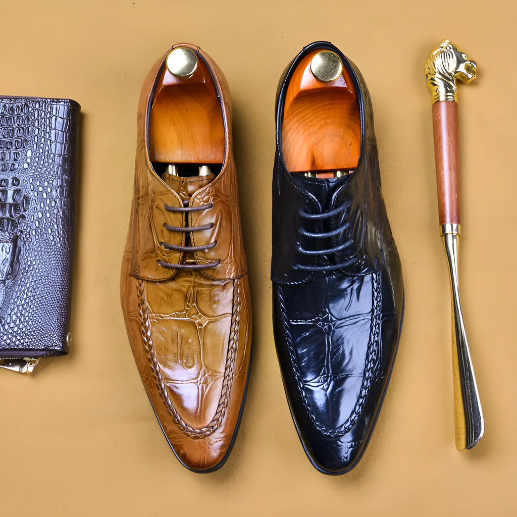 Men's black alligator pattern leather shoes with horse bit buckle and rubber sole