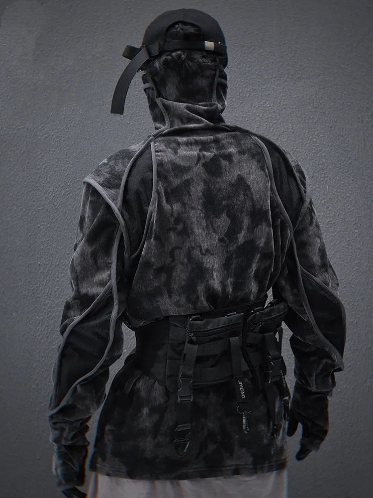 Men's black and grey tie dye pattern sweater with a finger turtleneck collar and drop shoulders.