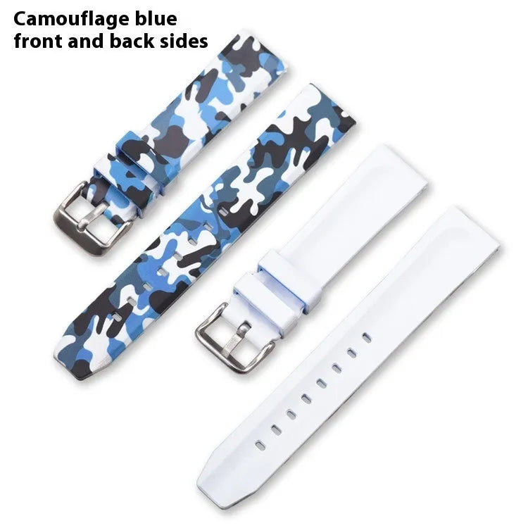 Camouflage silicone watch strap with flat head design available in green blue and grey for 20mm 22mm 24mm watches