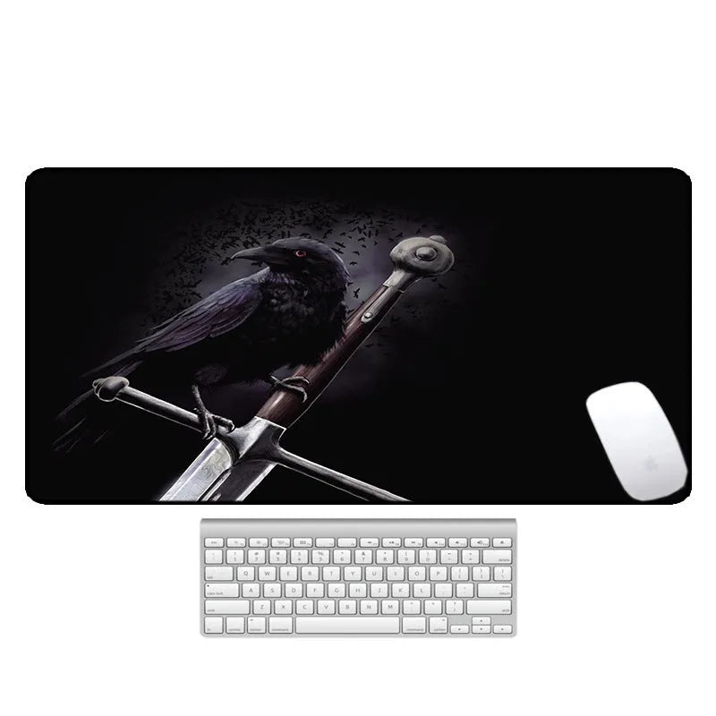 Large natural rubber mouse pad with thermal transfer pattern on desk showing non-slip base and multiple size options