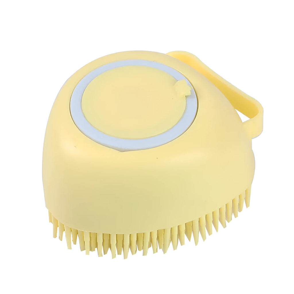 Blue silicone dog bath brush with non-slip handle for washing and massage.