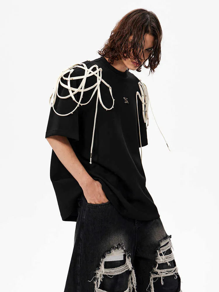 Black loose fit short sleeve T-shirt with rivet ribbon padded shoulder detail