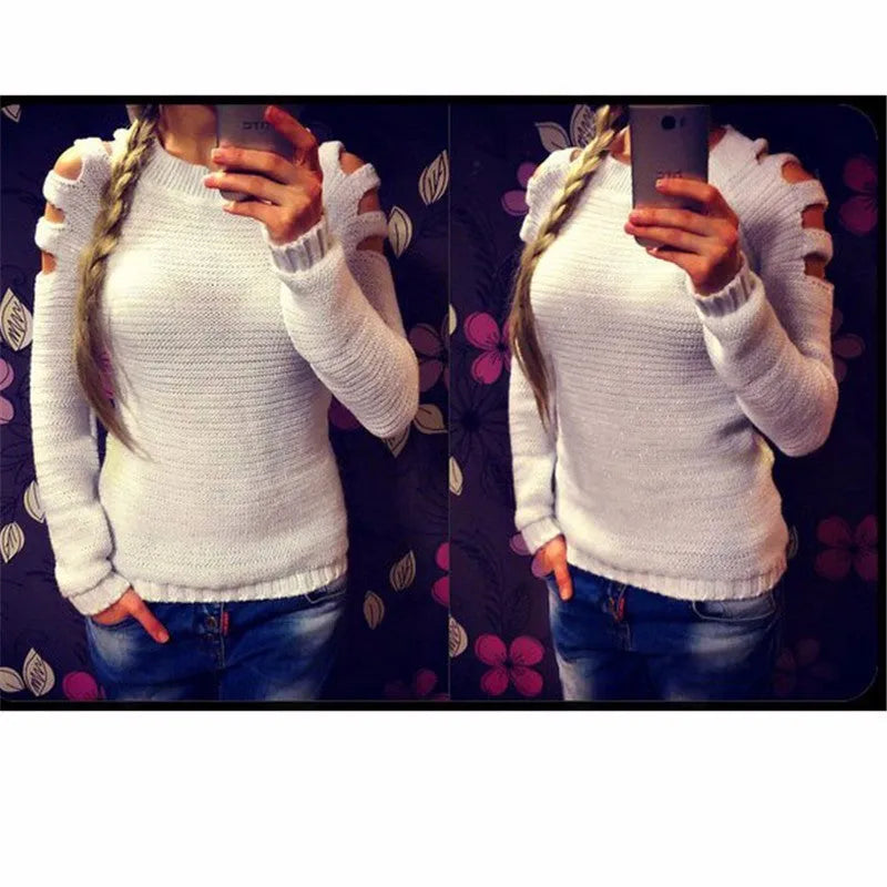Women's grey crocheted hollow-out long-sleeved shirt with a round neckline.
