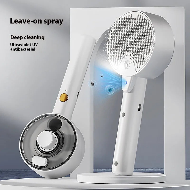 Ceramic white pet grooming brush with mist spray nozzle, UV blue light, and fine needle comb for dogs and cats.