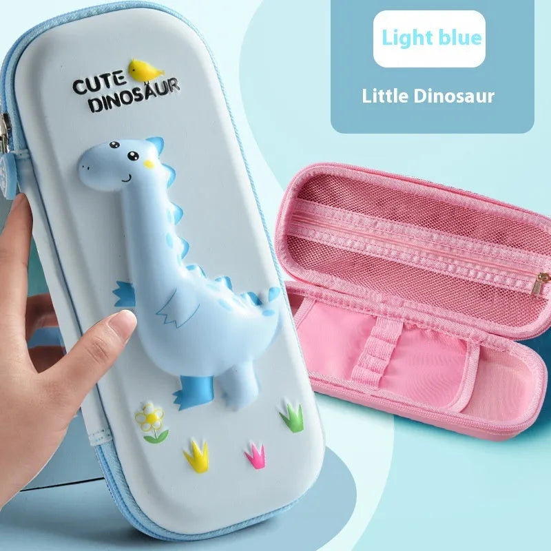 3D leather pencil case showing embossed astronaut and dinosaur design options.