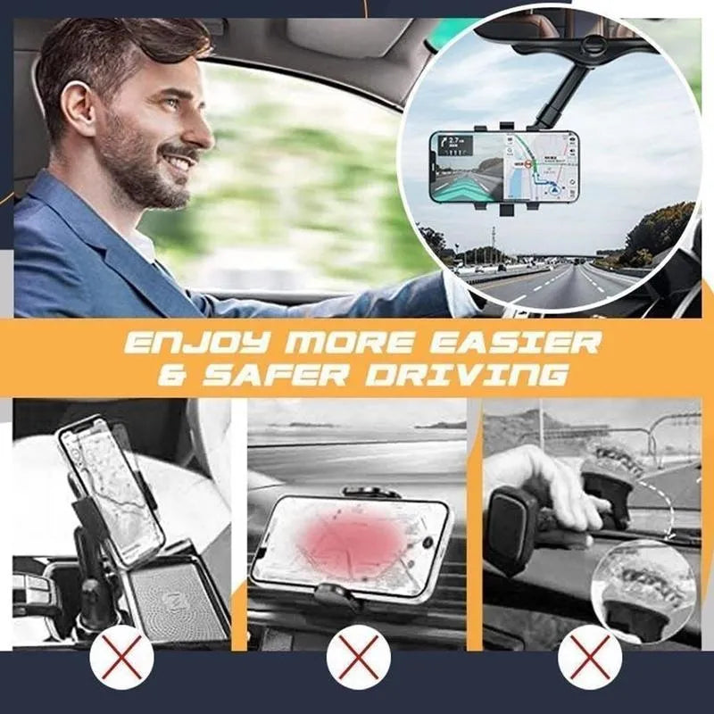 Black rearview mirror phone holder with 360° rotating head and retractable arm extended