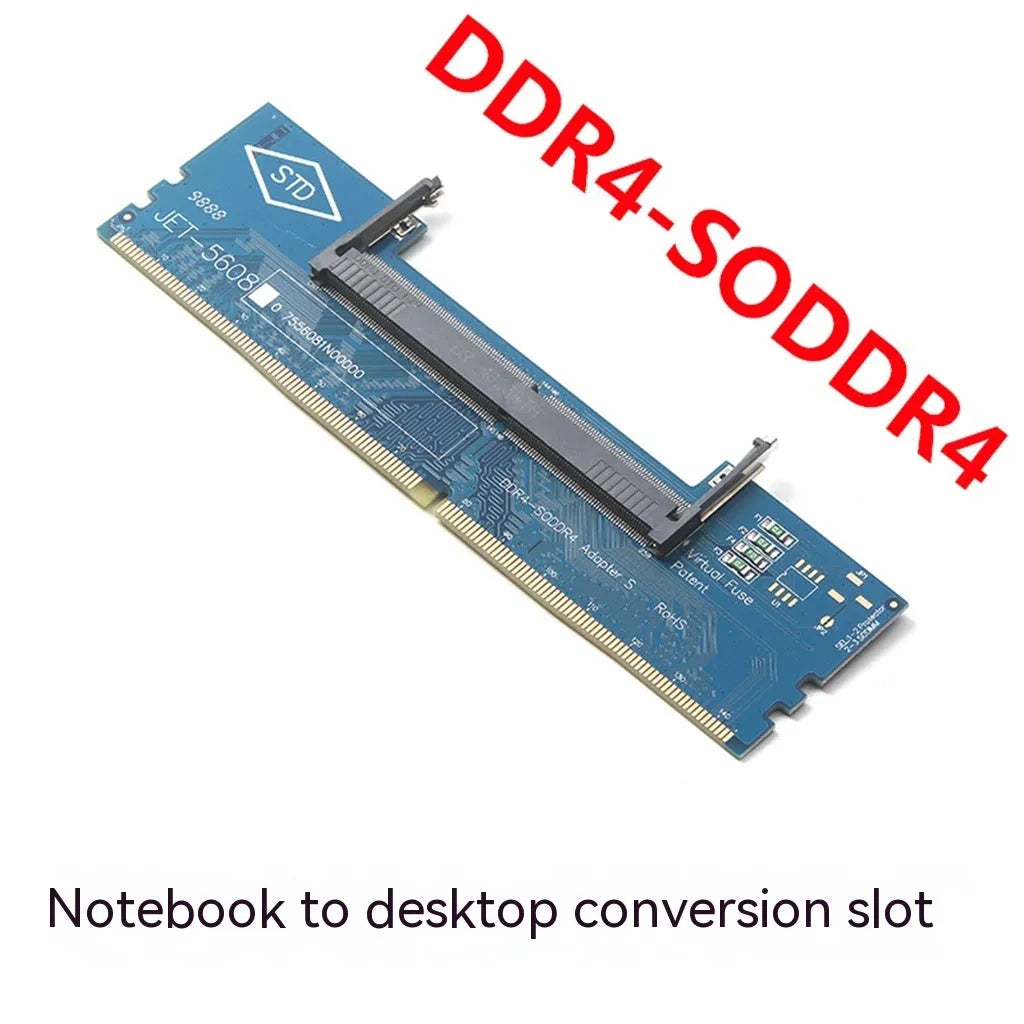 DDR4 laptop to desktop memory adapter card with gold contacts in anti-static packaging