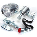 Silver aluminium bicycle dynamo generator light kit with wiring for headlight and tail light connections