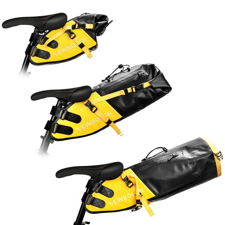 Waterproof PVC bicycle tail bag in yellow colour showing 13-litre storage capacity dimensions