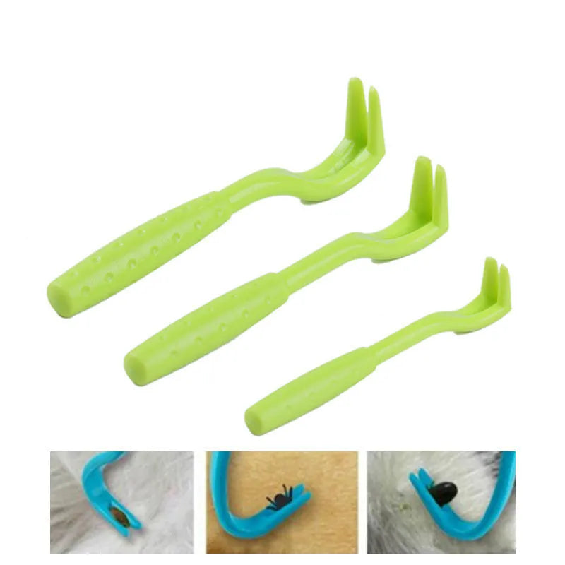 Three plastic pet tick removal clip tools with hook comb, shown in blue or green colour options.