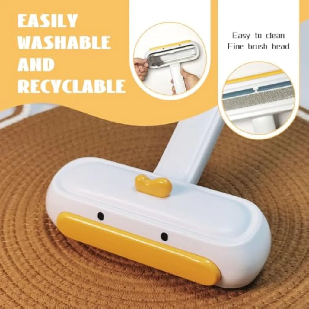 Yellow duck cartoon style portable reusable pet hair remover for furniture and car seats.