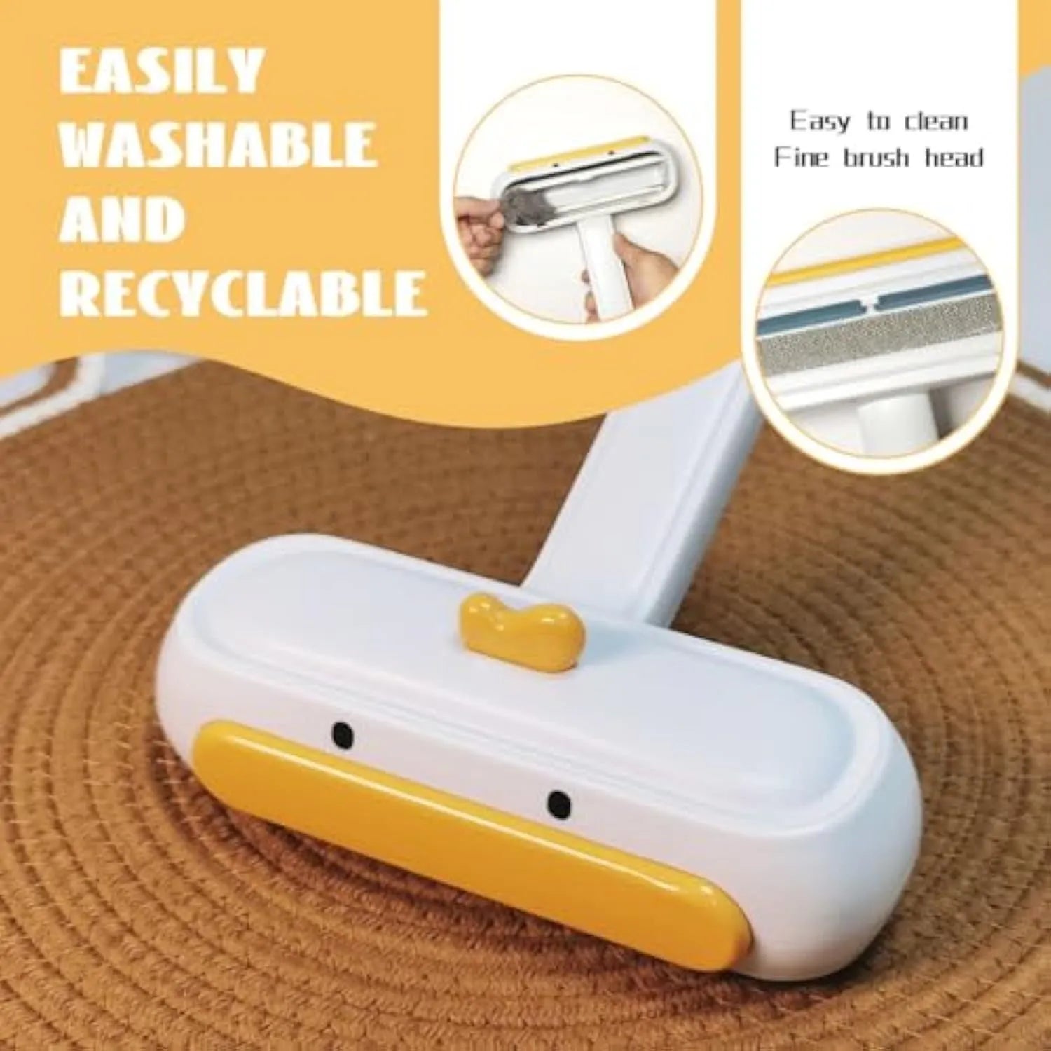 Yellow duck cartoon style portable reusable pet hair remover for furniture and car seats.