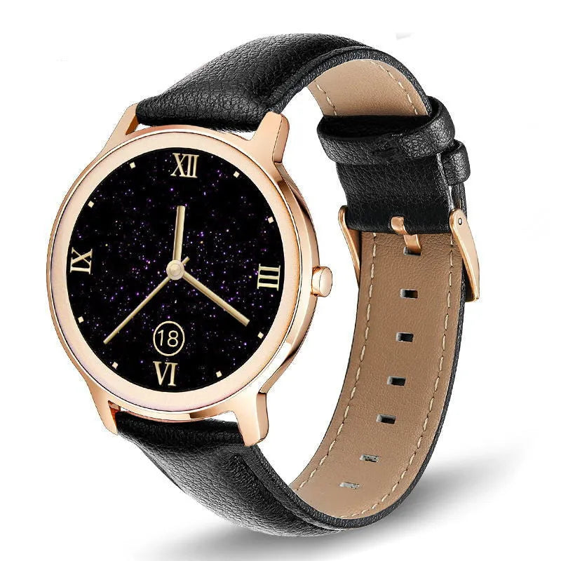 Women's rose gold smart watch with stainless steel mesh strap and a 1.3-inch touch screen display.
