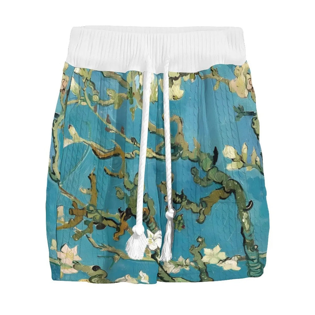 Men's peacock blue 3D printed knitted shorts suit with T-shirt top and mid-length trousers