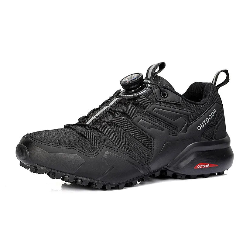 Men's beige lightweight hiking shoes with an elastic band closure and synthetic leather upper.