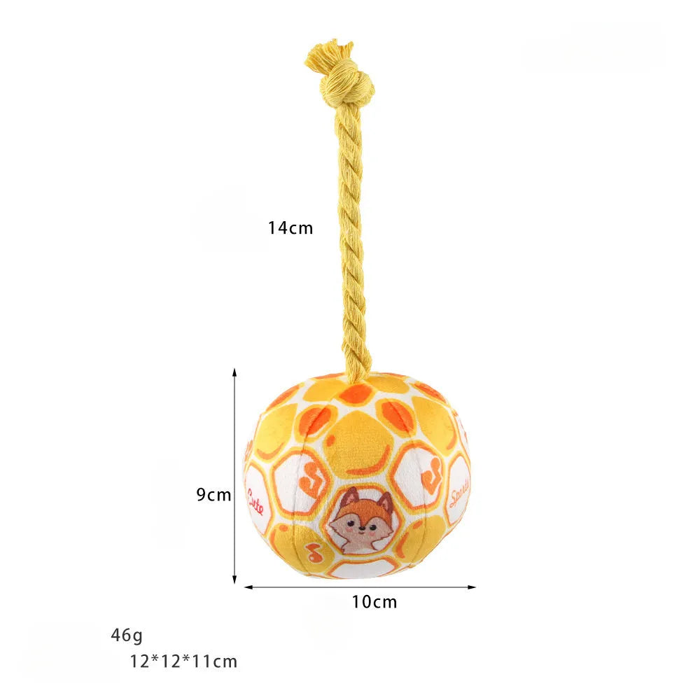 Blue and yellow cartoon football dog chew toy made from cotton rope