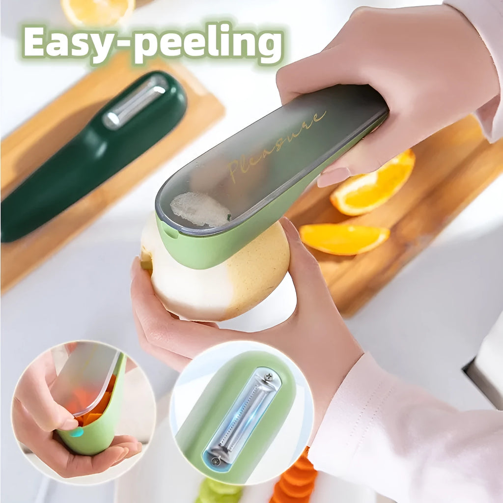 Dark green kitchen peeler with a storage tube and stainless steel blade, shown next to a potato.