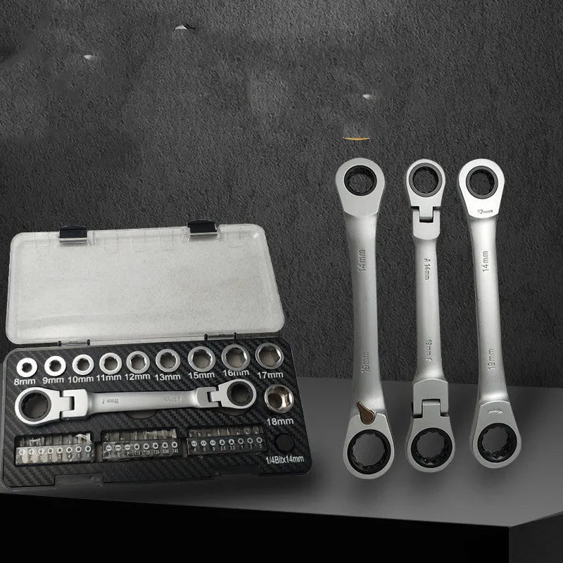 Dual-purpose ratchet wrench set with ten sockets and three bit heads laid out on a surface.