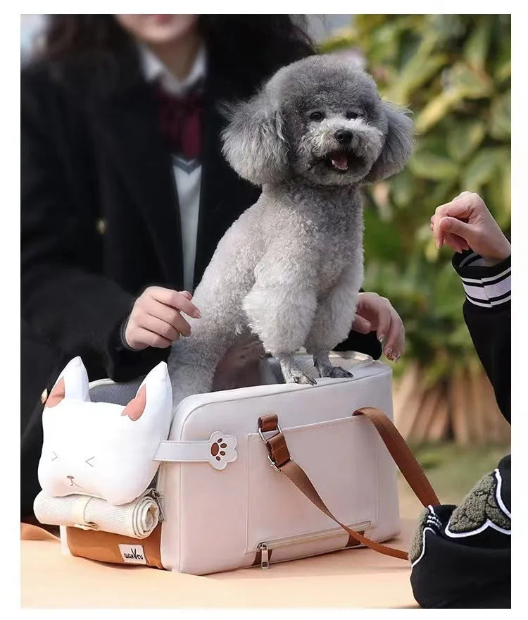 Beige hard-sided pet carrier measuring 43x25x22.5cm with EPE padding construction